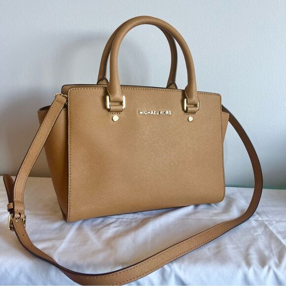 MICHAEL KORS Tan Selma Ciara Satchel Acorn Shoulder Bag Crossbody Tote - Picture 1 of 11